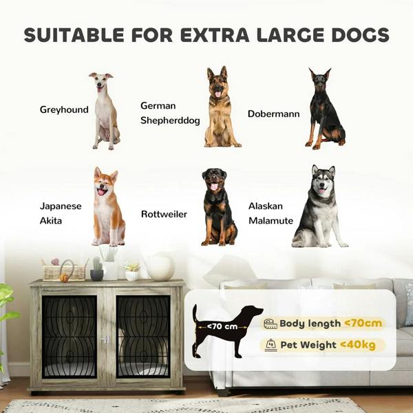 Grey dog crate furniture table with multiple black wire doors and grey padded cushion