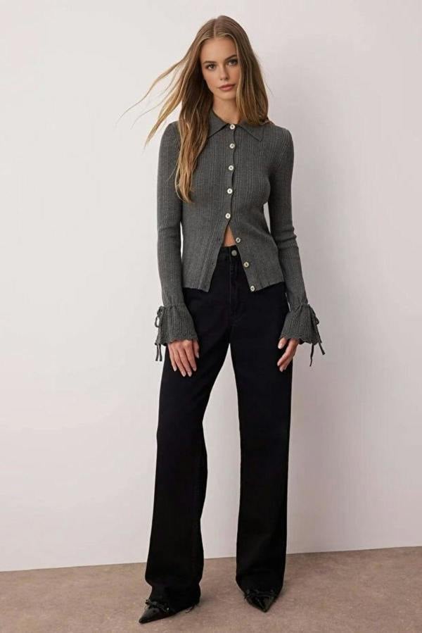 WOVCOR Mercerized Look Ribbed Polo Collar Knit Cardigan