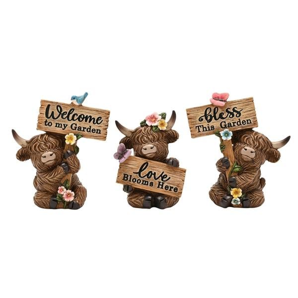 Country Living Set of 3 Highland Cows With Garden Signs
