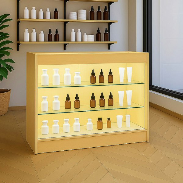 Maple LED retail shop counter K1200 with three glass shelves, illuminated background, displaying various bottles and containers
