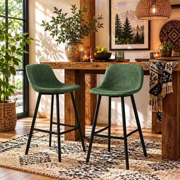 Wyld Haus Noso Tane Set Of 2 Green Faux Leather Upholstered Dining Bar Stools