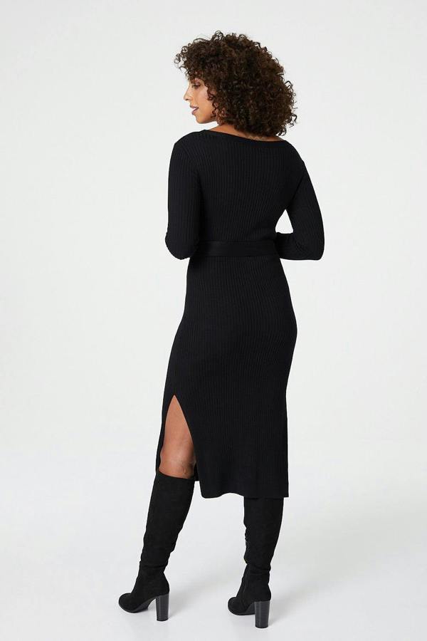 Black | Long Sleeve Knit Bodycon Midi Dress