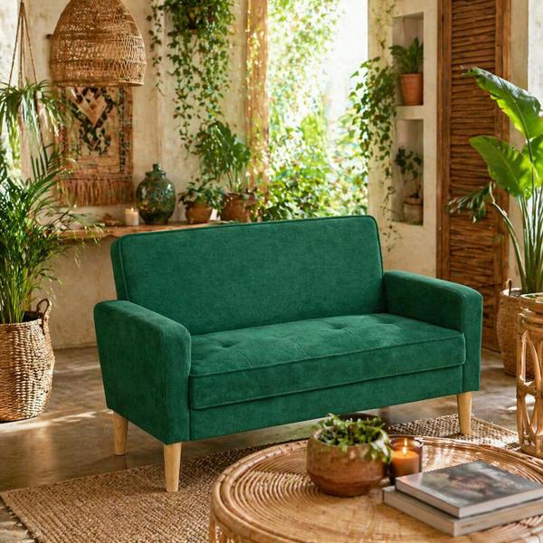 Wyld Haus Neraro Forest Green Velvet Upholstered 2 Seater Sofa Natural Wooden Legs
