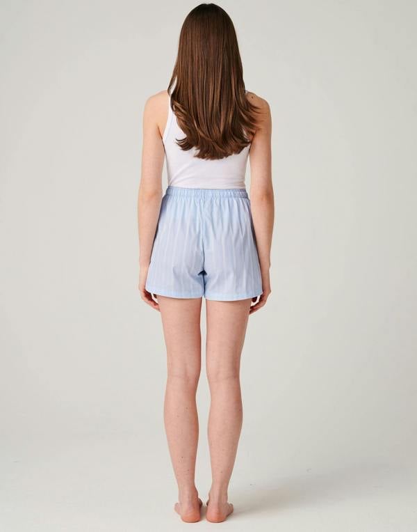 British Boxers Women's Crisp Cotton Sleep Shorts – Breezy Blue Satin Stripe