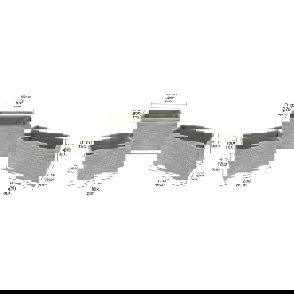 JVL Serena Rectangular Fabric Storage Baskets for Home Organisation, Set of 3, Light Grey