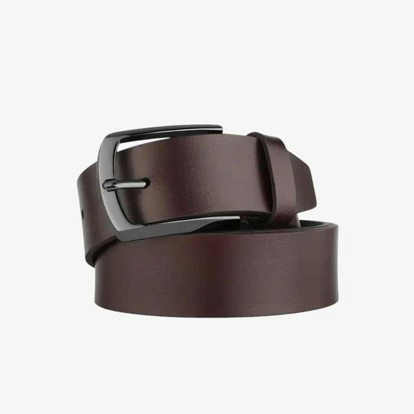 Brown leather belt with a silver buckle on a white background