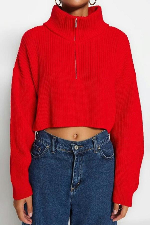 WOVCOR Super Crop Knit Sweater with Zipper Detail