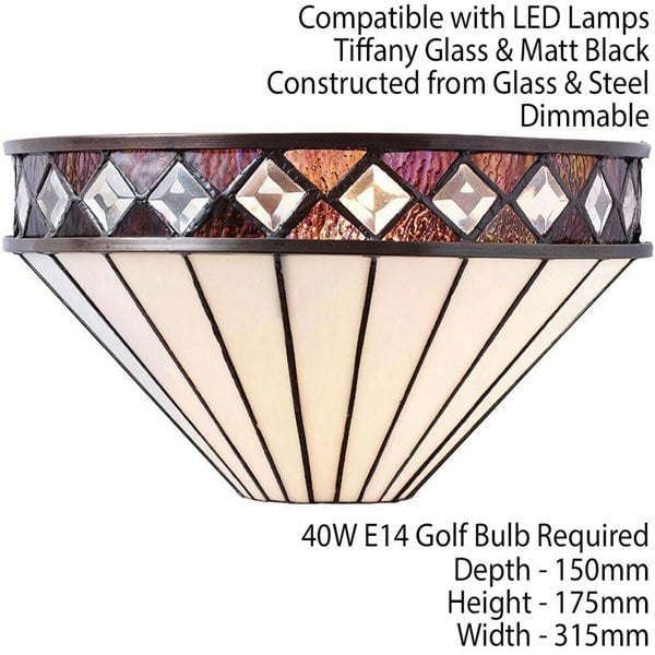 Tiffany Glass Wall Light Rich Cream & Diamond Trim Shade Interior Sconce i00247 Loops