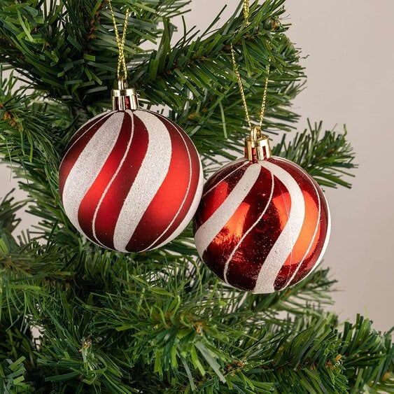 Shatchi Red and White Candy Stripe Shatterproof Christmas Baubles, 6cm Pack Sizes for Tree Decorations - 6 Pack - PVC - Red White Candy Strips