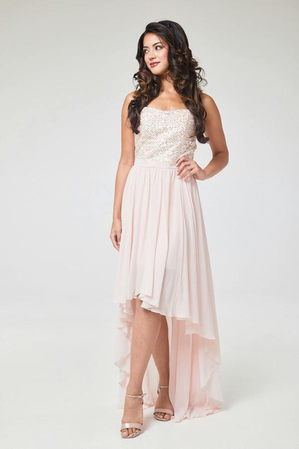 LuvForever Pink Sequin Asymmetric Long Dress