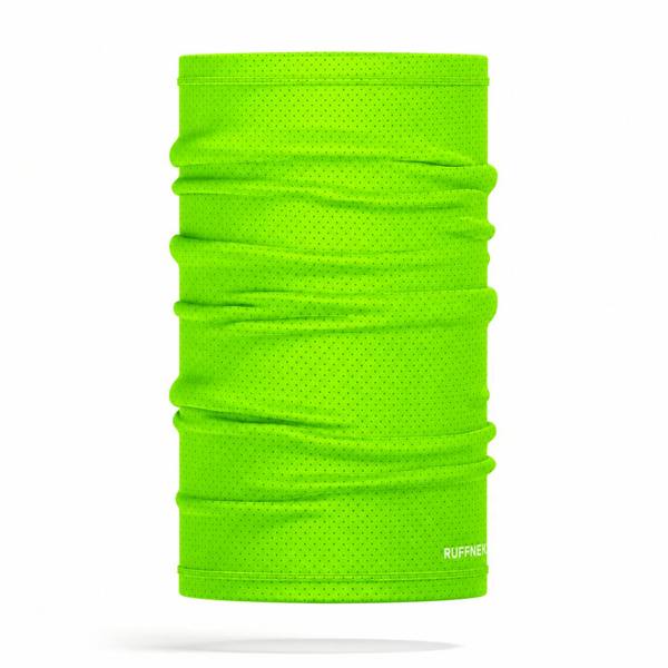 RUFFNEK® AirMesh Fluorescent Green Snood shown as a 3d face mask cover – breathable, moisture-wicking multifunctional neck gaiter scarf with UPF 50+ protection. For sport and outdoor activities including workwear.