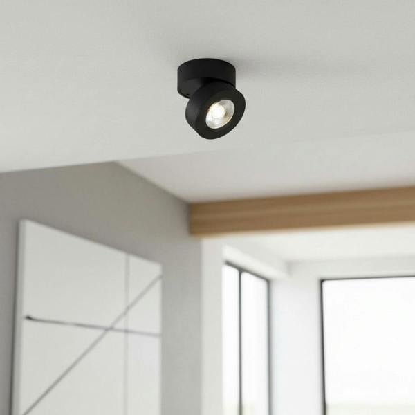 black adjustable surface mounted downlight on the ceiling of a modern home 