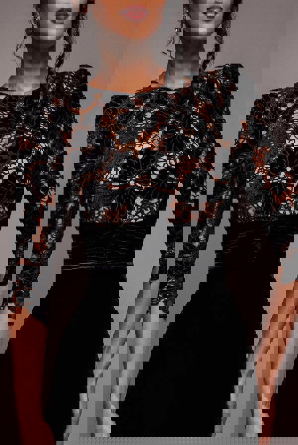 Scalloped Velvet Crochet Maxi Dress - Black DR4386