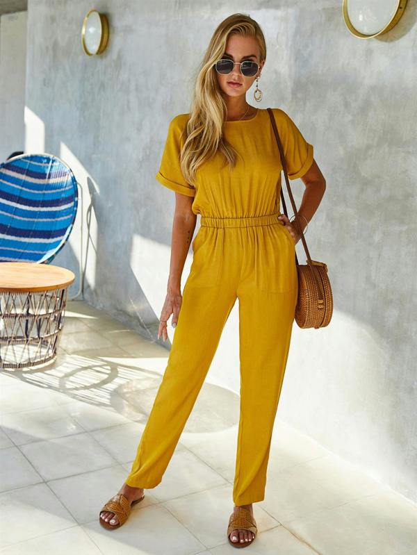 FS Collection Back Detail Short Sleeve Jumpsuit In Yellow