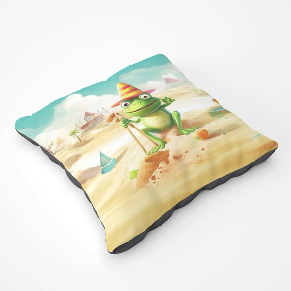 Warren Reed Happy Frog On A Beach Holiday Floor Cushion