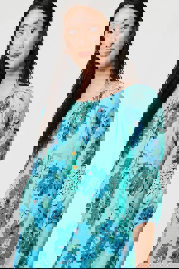 Blue | Floral Lace Trim Tie Front Bardot Blouse
