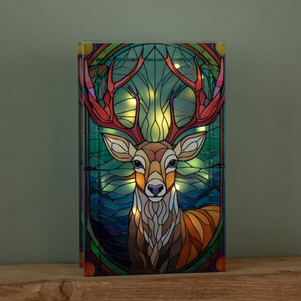 Samuel Alexander 21cm Battery Operated Light up Stained Glass Christmas Decoration with Stag Scene & Warm White LEDs