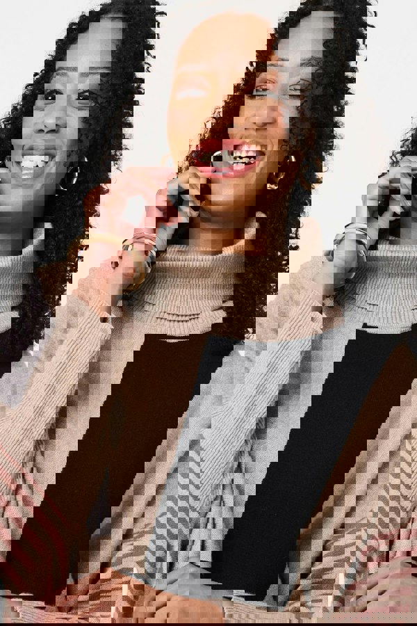 Beige | Colour Block Roll Neck Knitted Poncho
