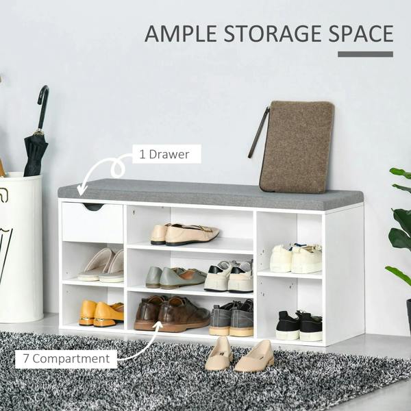 White shoe storage bench with grey cushion, drawer and 7 shoe compartments