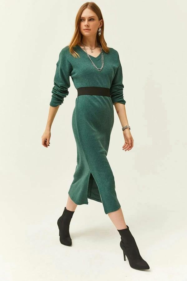 Hoxton Gal V-Neck Thick Ribbed Dress with Side Slit