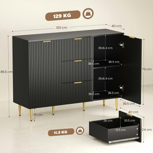 Wyld Haus Surara Baro Black Ribbed 2 Door Sideboard 3 Drawers 2 Shelves Gold Accents
