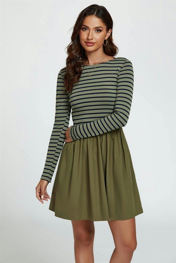 FS Collection Long Sleeve Stripe Mini Dress In Olive