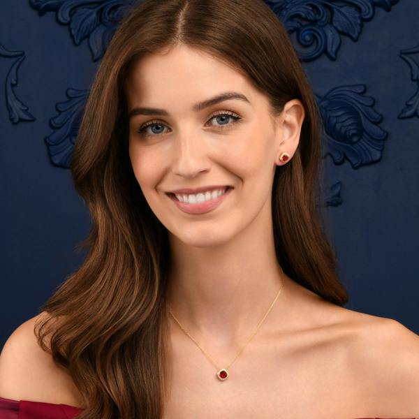 namana Gold Plated Sterling Silver Red Cubic Zirconia Cushion Halo Pendant Necklace