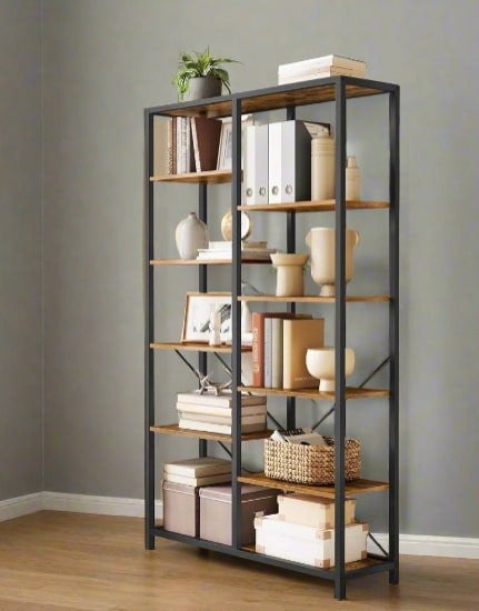Modcraft 5-Tier Rustic Brown & Black Industrial Bookcase with 10 Compartments