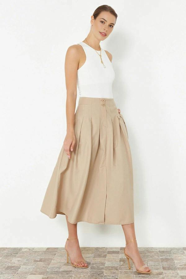 WOVCOR Midi Woven Skirt with Pleat and Buttons Detail