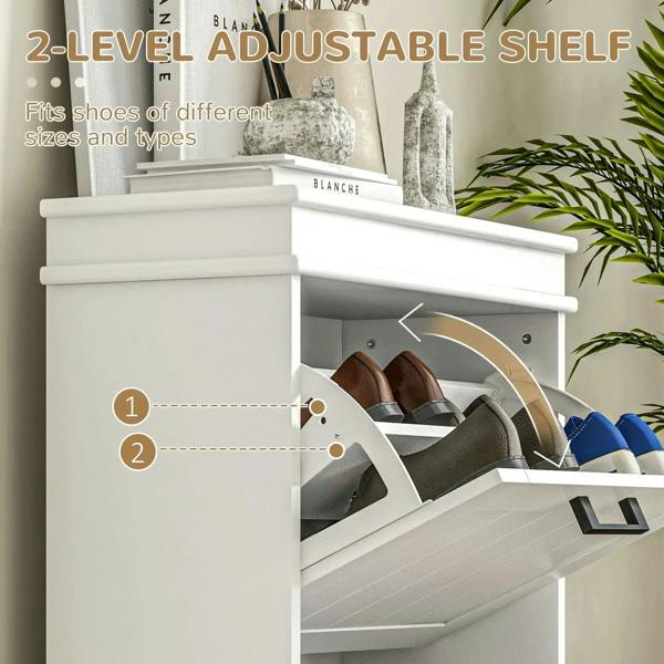 White adjustable 2-level shoe cabinet interior with flip drawers and shoe compartments