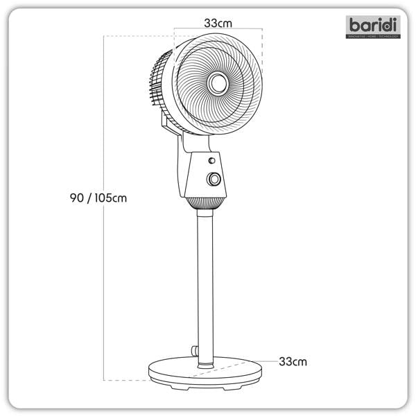 Baridi DH142 Fan Action shot - dimension diagram