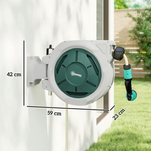 Bobobiy Retractable Hose Reel Wall Mounted, 30+2m Garden Hose Pipe Reel with Lock, 7 in 1 Spray Nozzle, 180° Swivel, 59 x 23 x 42 cm, Grey
