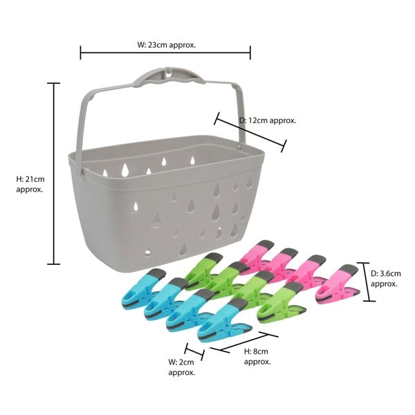 JVL Plastic Peg Basket, Grey with 48 Prism Soft Touch Clip Pegs, Multi