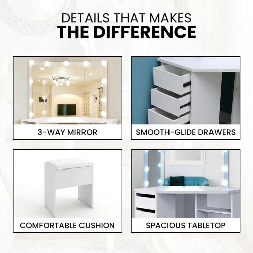 Kosy Koala White Dressing Table Wood Makeup Desk with LED Mirror 5 Drawers Corner