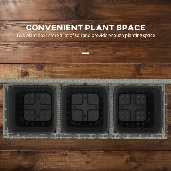 Raised planter base with three square black plant pots for soil
