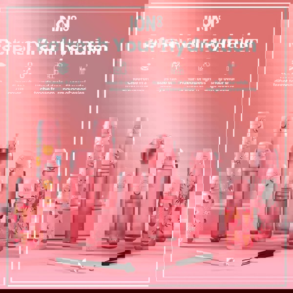 Pink ION8 water bottles, various sizes and designs, are displayed on a pink background. "Refresh Your Hydration" is prominently featured. Options for materials, sizes, and accessories are also listed.