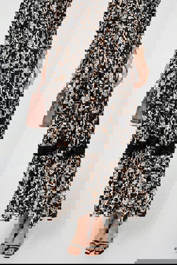 Black | Floral Lace Trim Long Sleeve Maxi Dress