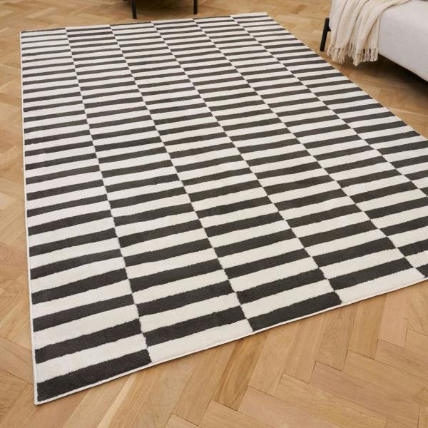Black and white striped rug on a wooden floor