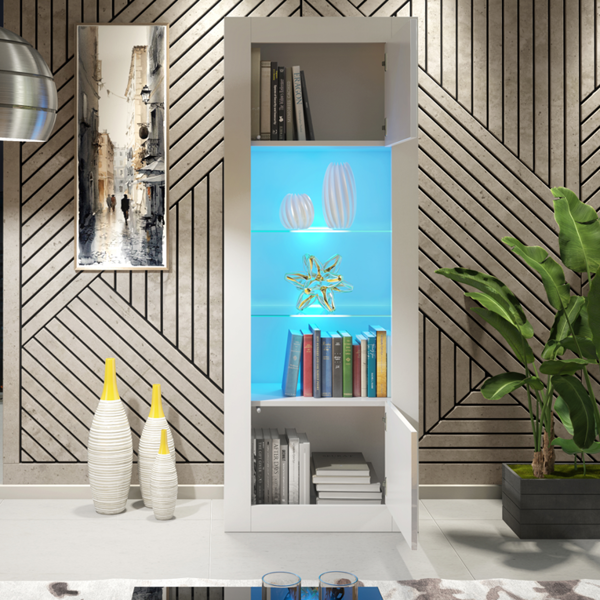 Mex Furniture 170cm Modern Display Cabinet – White Gloss Doors with LED