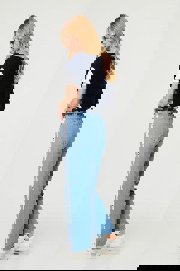 Blue | Star Print Trim Drawstring Wide Jeans
