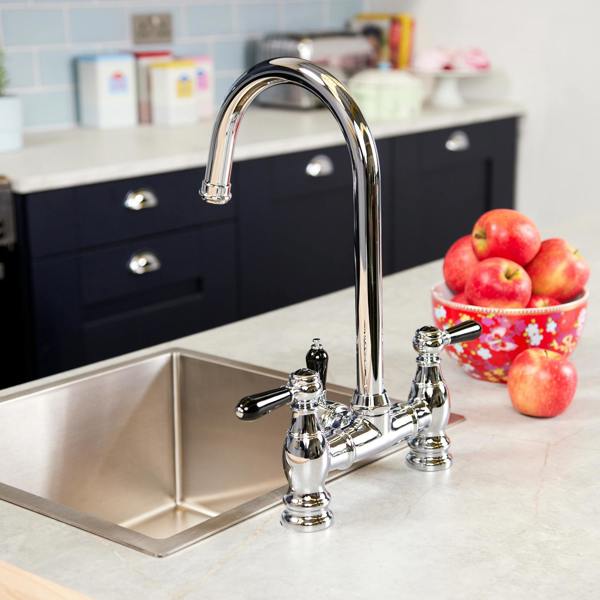 Flode klas | Traditional Bridge Style 3 in 1 Instant Boiling Tap | Black Ceramic Levers | Polished Chrome Finish