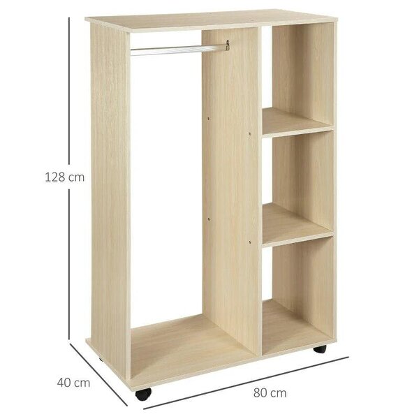 Open Wardrobe on Wheels, Bedroom Wardrobe - Clothes Hanging Rail, 3 Storage Shelves, Mobile Garment Rack for Hallway, Maple Wood-Effect