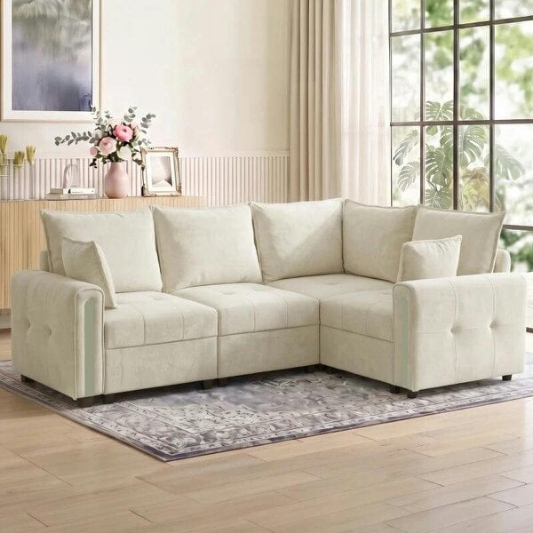 228cm L Shaped Sofa with Lift-Up Storage, 3-Seater Sectional Sofa with Wide Deep Seat, Beige - Beige