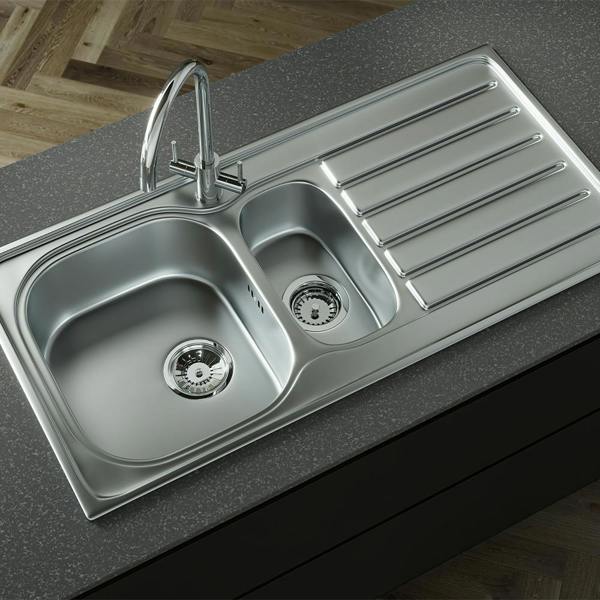 Flode Glan Satin Matt | 1.5 Bowl Inset Stainless Steel Kitchen Sink | 1000 x 500mm | Chrome Basket Strainer Wastes Included