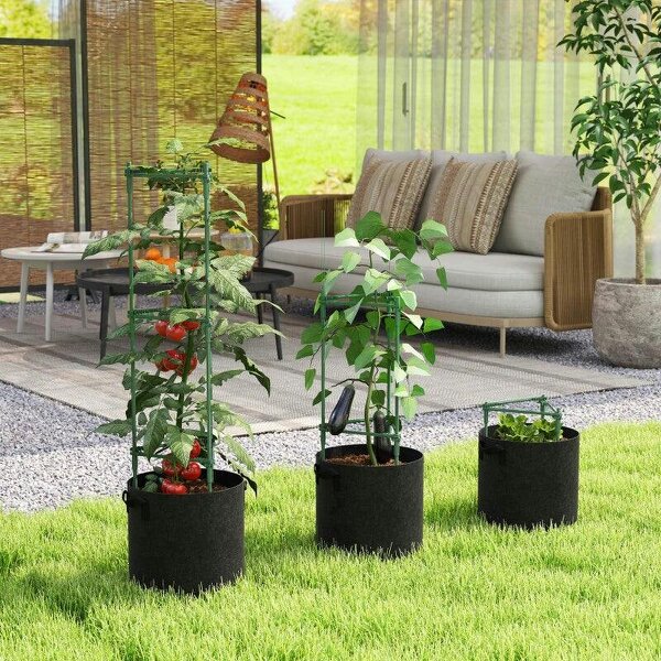3 Packs Tomato Cages with 83.7L Grow Bags, 120cm Adjutstable Triangle Plant Stakes Support Trellis with Planter Bags