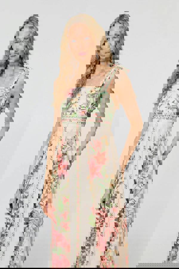 Beige | Floral Border Print Tie Strap Midi Dress
