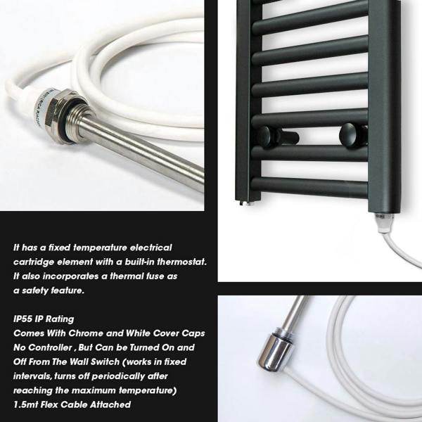 500mm-x-1200mm-Black-Electric-Pre-Filled-Heated-Towel-Rail-Radiator-For-Bathroom-Standard-Element-19mm-Tube