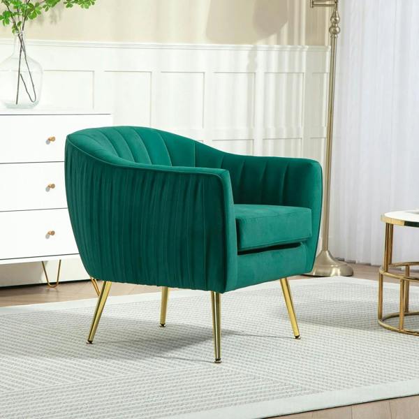 Green velvet-feel accent chair with arched arms, tufted back, and gold metal legs