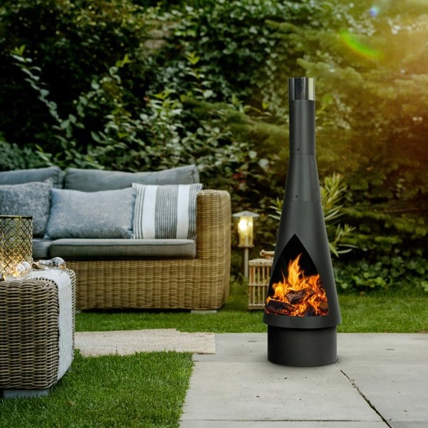 45x150cm BLACK STEEL Round Chininea Wood Burner - Fire Pit Garden Heater Outdoor - LoopsDirect
