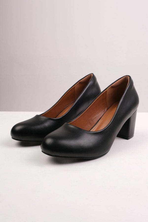 Where's That From Melrose Wide Fit Mid Block Heel Court Shoes in Black Faux Leather